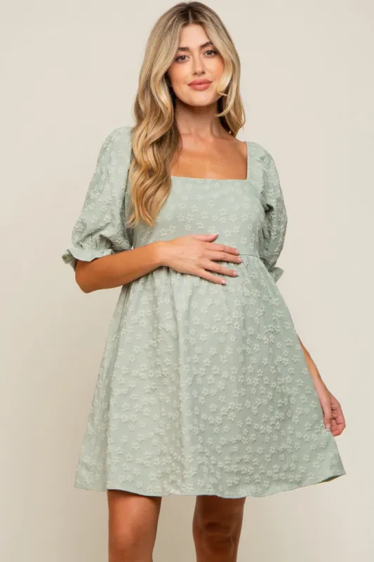 Light Olive Floral Textured Square Neck Babydoll Maternity Dress sold by Pinkblush