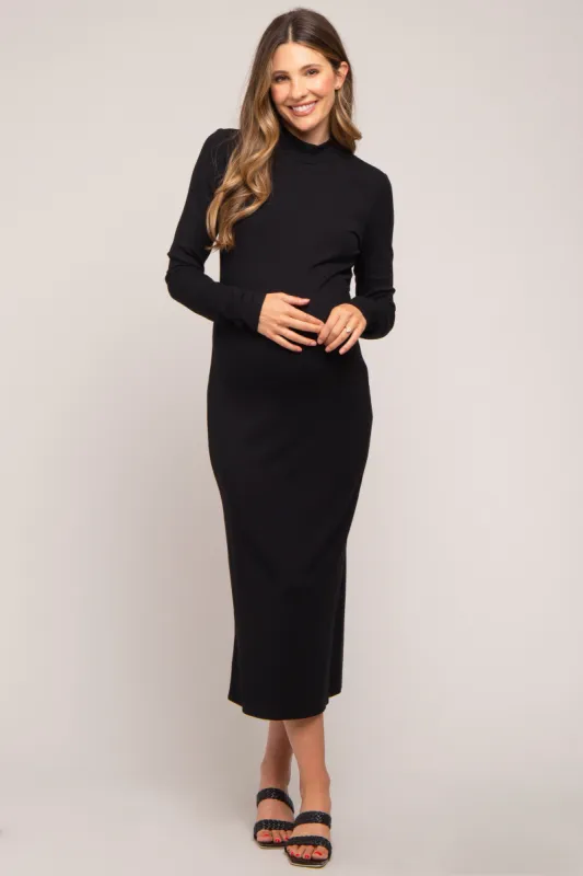 Black Ribbed Mock Neck Maternity Midi Dress sold by Pinkblush