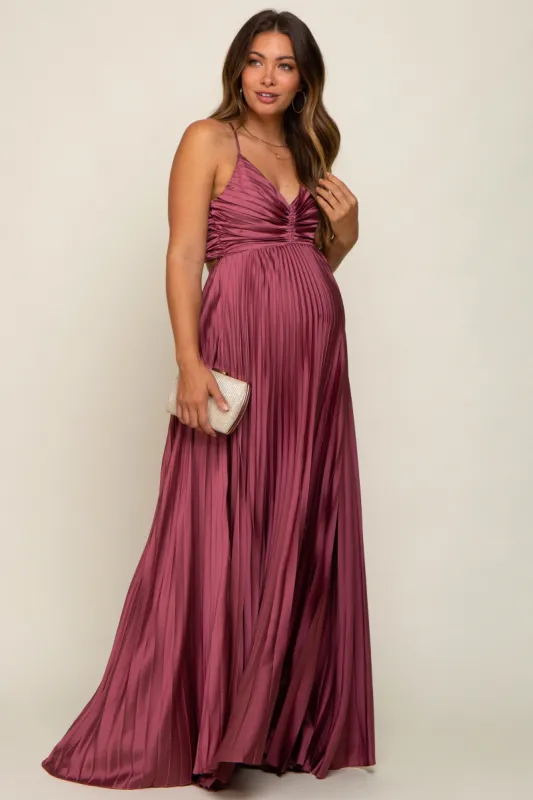 Mauve Satin Pleated Cutout Maternity Gown sold by Pinkblush