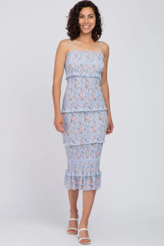 Light Blue Floral Smocked Fitted Midi Dress sold by Pinkblush