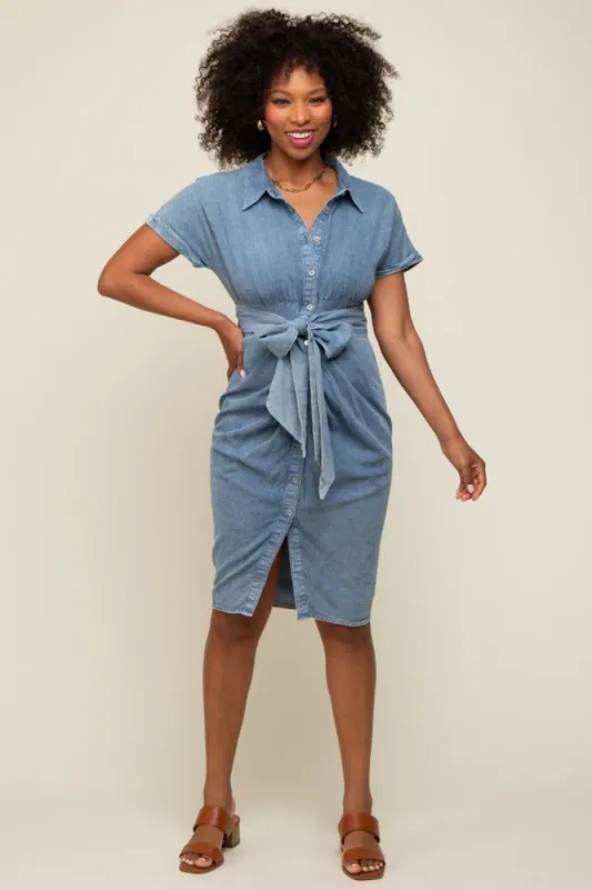Blue Chambray Front Tie Button Up Dress sold by Pinkblush