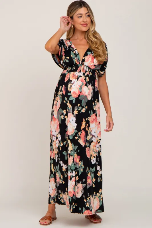 Black Floral Deep V-Neck Maternity Maxi Dress sold by Pinkblush