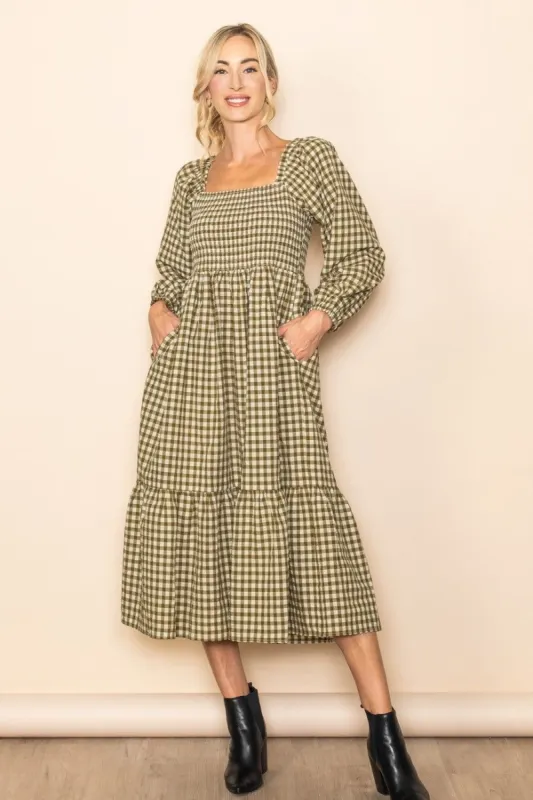Olive Gingham Long Sleeve Midi Dress sold by Pinkblush