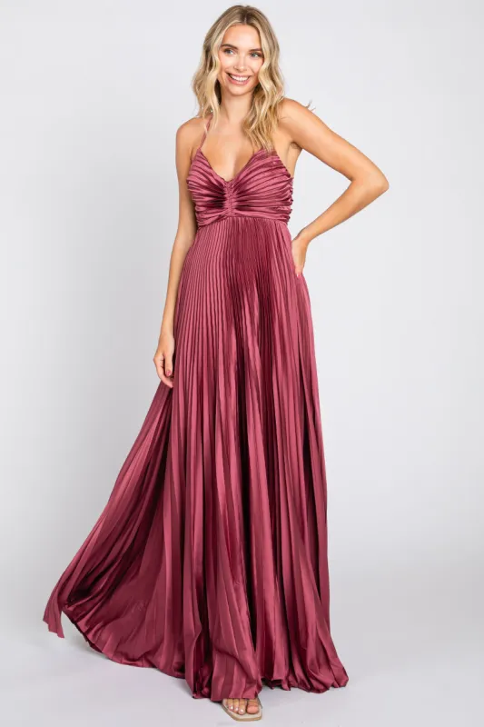 Mauve Satin Pleated Cutout Gown sold by Pinkblush