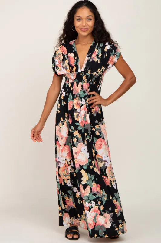 Black Floral Deep V-Neck Maxi Dress sold by Pinkblush