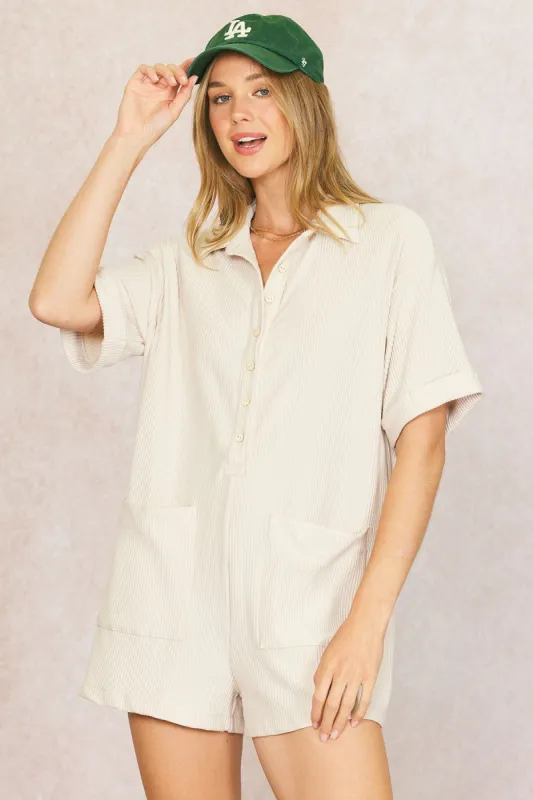 Cream Ribbed Button Down Romper sold by Pinkblush