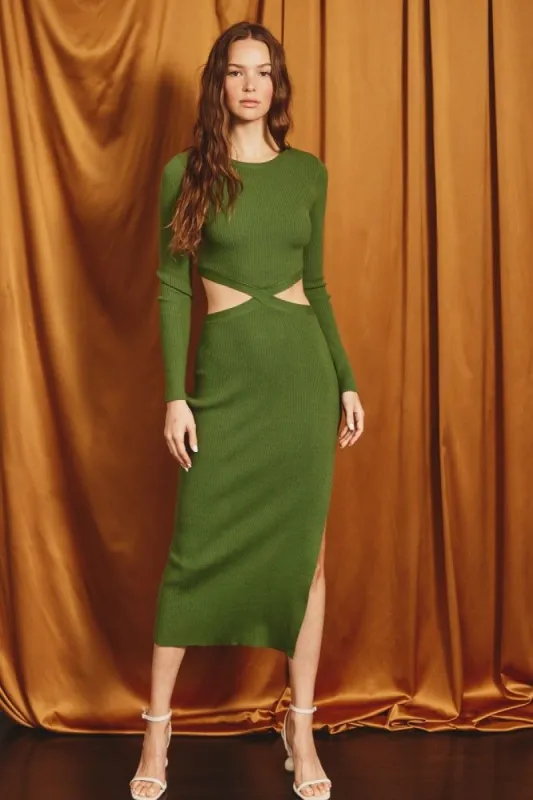 Green Chevron Side Cutout Midi Knit Dress sold by Pinkblush