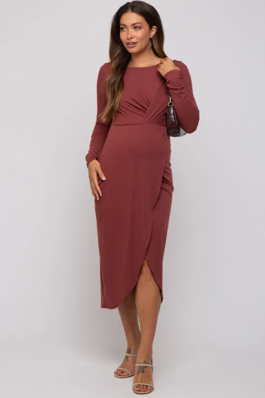 Rust Ribbed Long Sleeve Wrap Maternity Midi Dress sold by Pinkblush