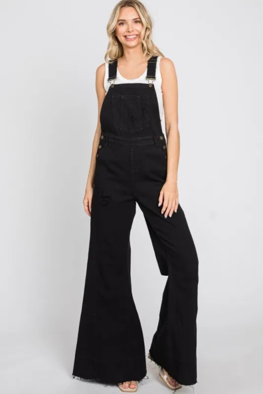 Black Denim Distressed Wide Leg Overalls sold by Pinkblush