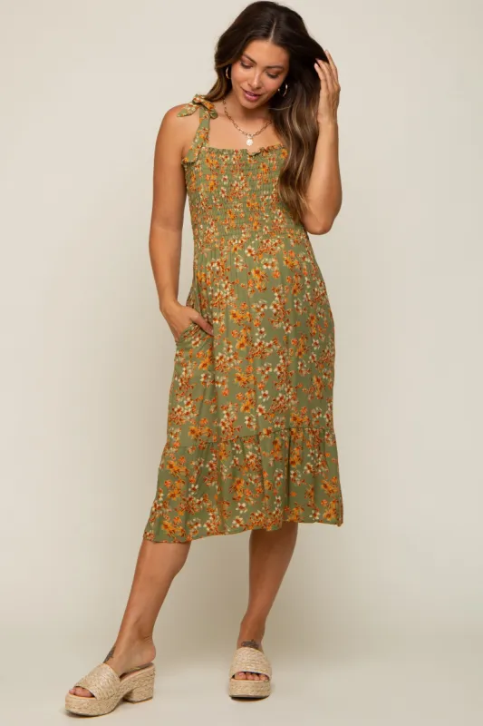 Olive Floral Shoulder Tie Smocked Maternity Midi Dress sold by Pinkblush