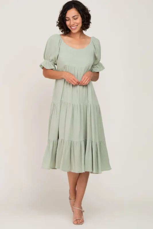 Mint Green Puff Sleeve Tiered Midi Dress sold by Pinkblush