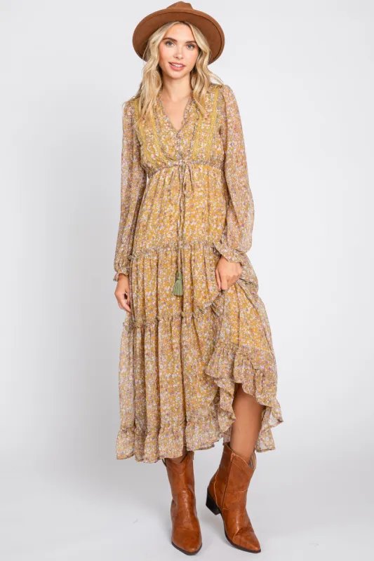 Dark Yellow Floral Ruffle Accent Tiered Midi Dress sold by Pinkblush