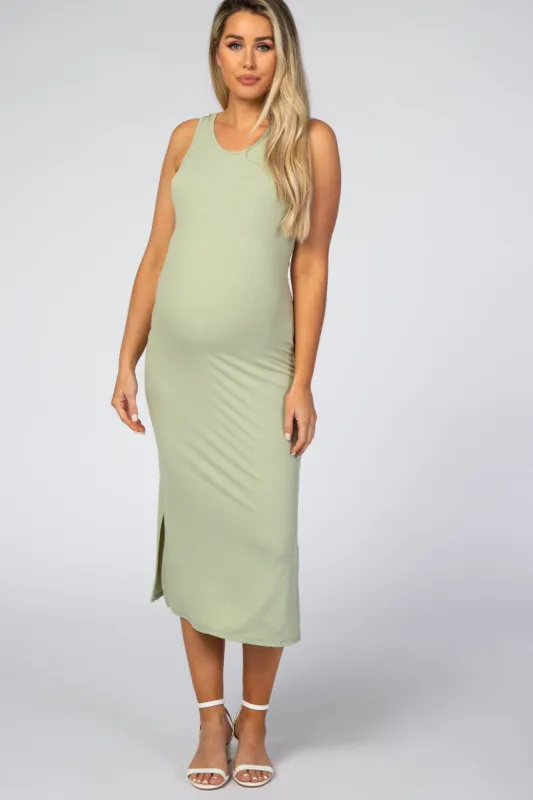 Light Green Ribbed Sleeveless Fitted Midi Maternity Dress sold by Pinkblush