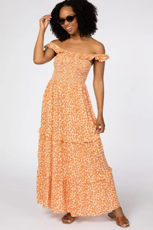 Orange Floral Ruffle Smocked Maxi Dress sold by Pinkblush