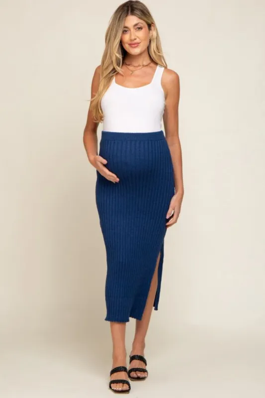 Navy Blue Ribbed Side Slit Sweater Maternity Midi Skirt sold by Pinkblush