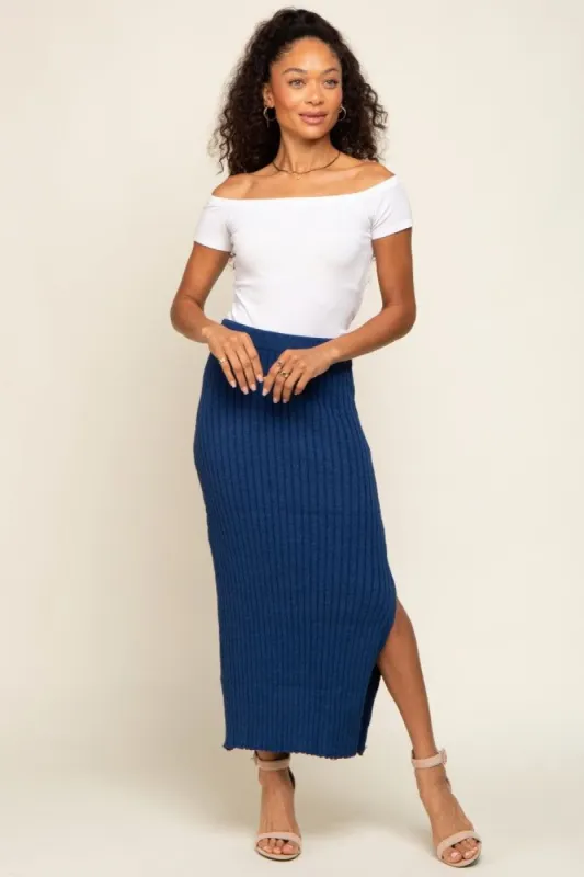 Navy Blue Ribbed Side Slit Sweater Midi Skirt sold by Pinkblush