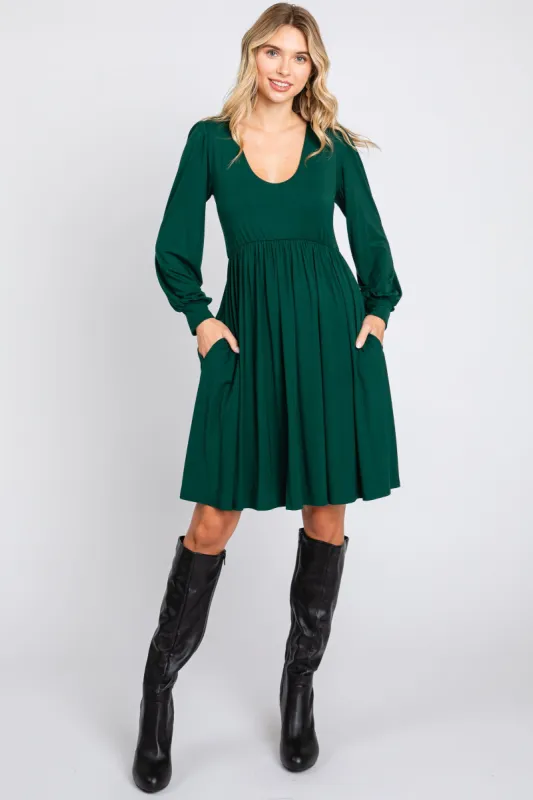 Forest Green Long Puff Sleeve Dress sold by Pinkblush