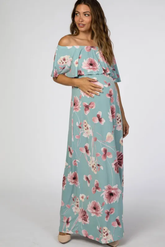 Mint Green Floral Off Shoulder Maternity Maxi Dress sold by Pinkblush