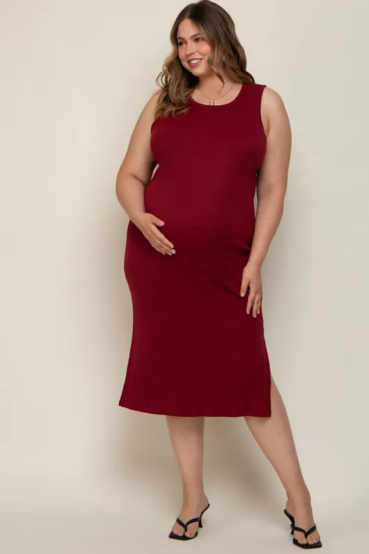 Burgundy Basic Ribbed Side Slit Maternity Plus Midi Dress sold by Pinkblush