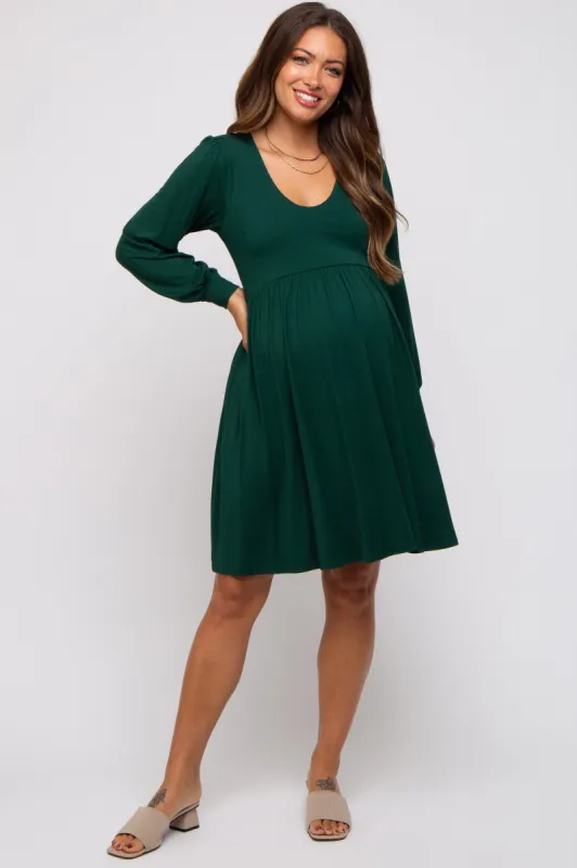 Forest Green Long Puff Sleeve Maternity Dress sold by Pinkblush