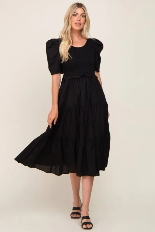 Black Smocked Tiered Ruffle Midi Dress sold by Pinkblush