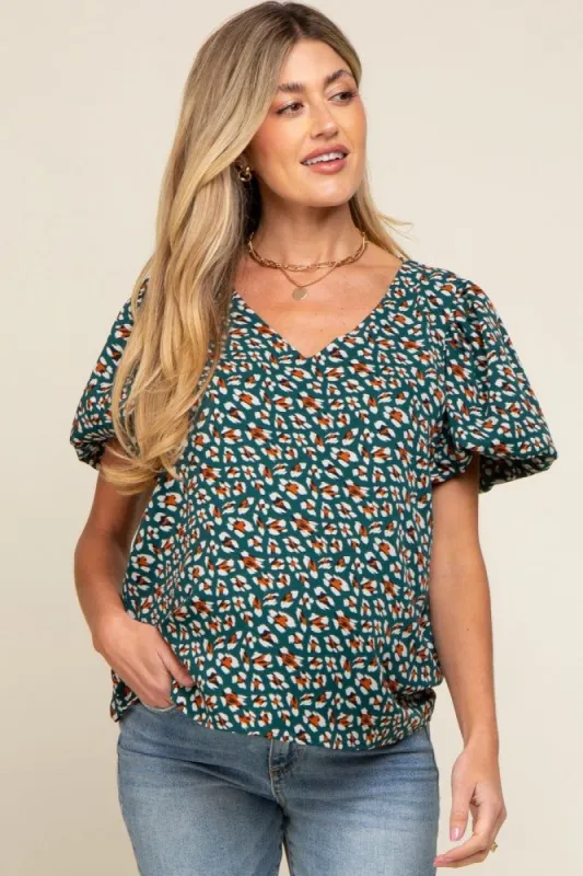 Forest Green Animal Print Puff Sleeve Maternity Top sold by Pinkblush