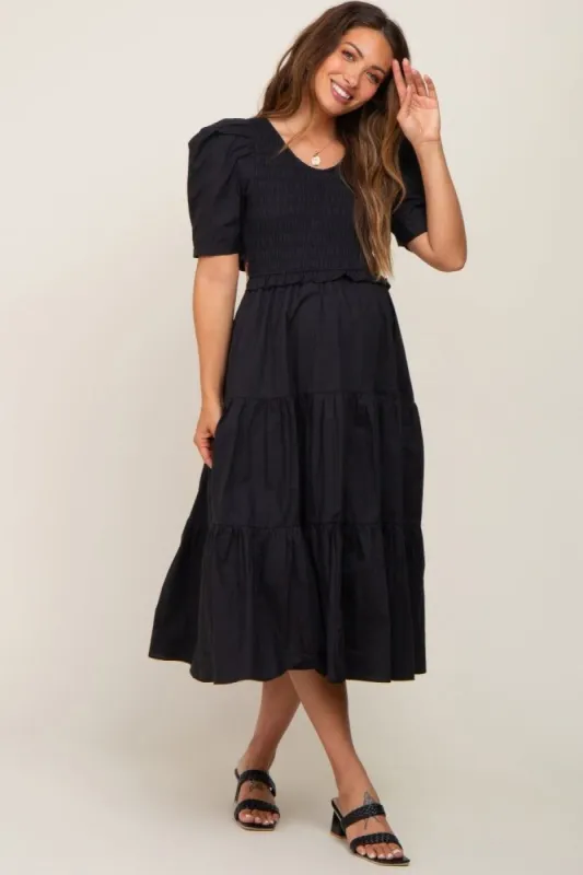 Black Smocked Tiered Ruffle Maternity Midi Dress sold by Pinkblush