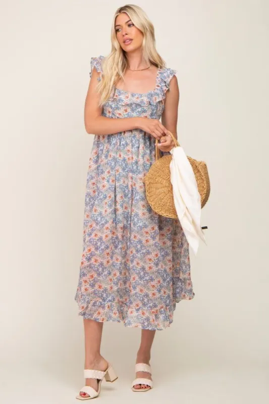Light Blue Floral Chiffon Ruffle Neck Back Tie Midi Dress sold by Pinkblush