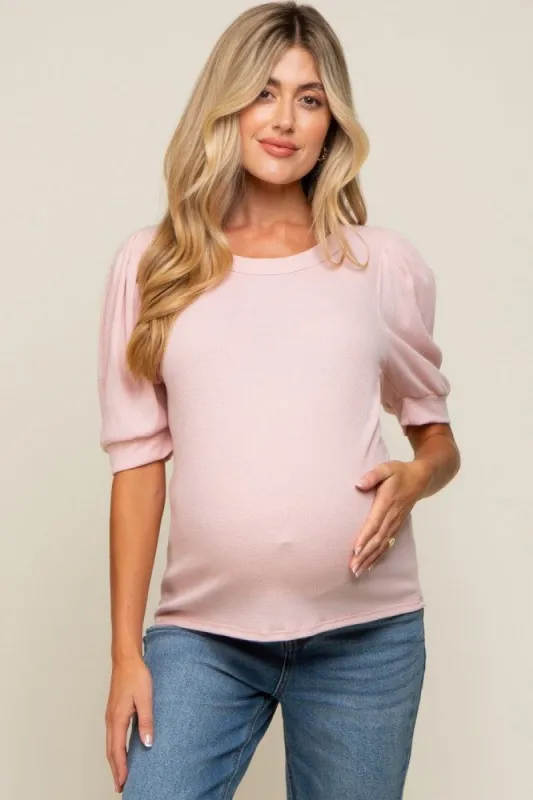 Light Pink Puff Sleeve Waffle Knit Maternity Top sold by Pinkblush