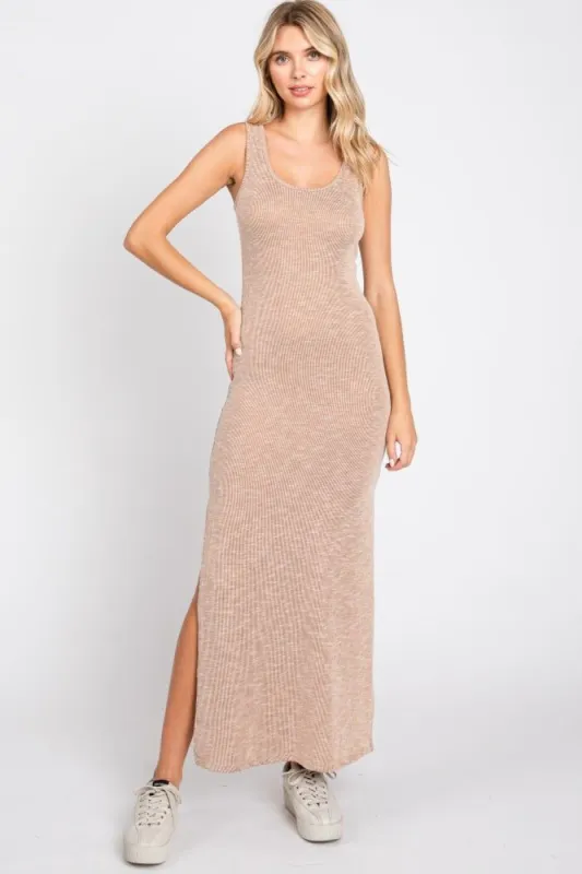 Beige Ribbed Sleeveless Side Slit Midi Dress sold by Pinkblush
