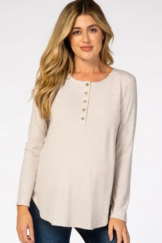 Beige Front Button Long Sleeve Maternity Top sold by Pinkblush