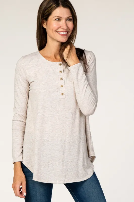 Beige Front Button Long Sleeve Top sold by Pinkblush
