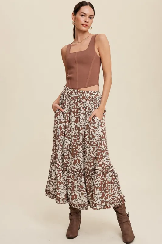 Mocha Leaf Print Ruffle Detail Maxi Skirt sold by Pinkblush