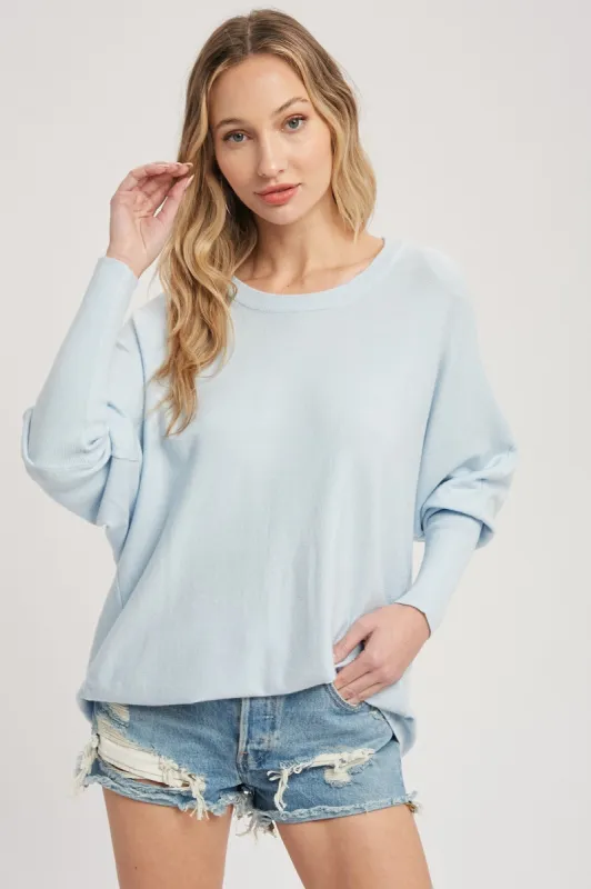 Light Blue Knit Long Dolman Sleeve Top sold by Pinkblush