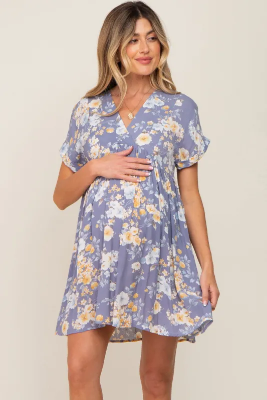 Blue Floral V-Neck Short Sleeve Maternity Dress sold by Pinkblush