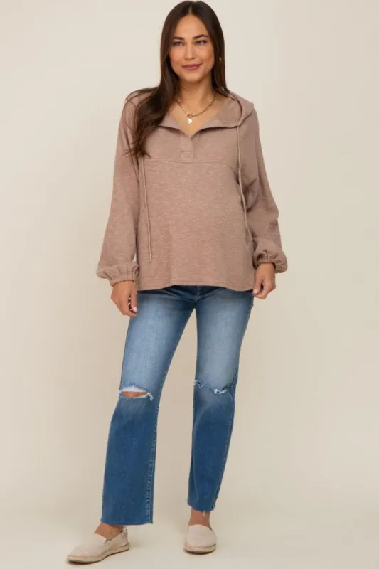 Mocha V-Neck Drawstring Hooded Maternity Top sold by Pinkblush