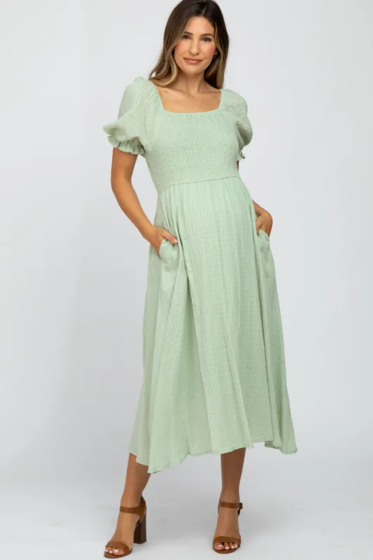 Mint Smocked Puff Sleeve Maternity Midi Dress sold by Pinkblush