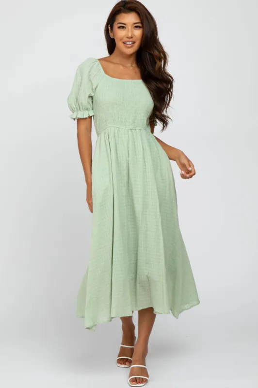Mint Smocked Puff Sleeve Midi Dress sold by Pinkblush
