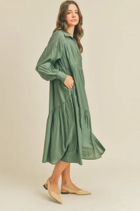 Dusty Sage Green Button Down Tiered Midi Dress sold by Pinkblush