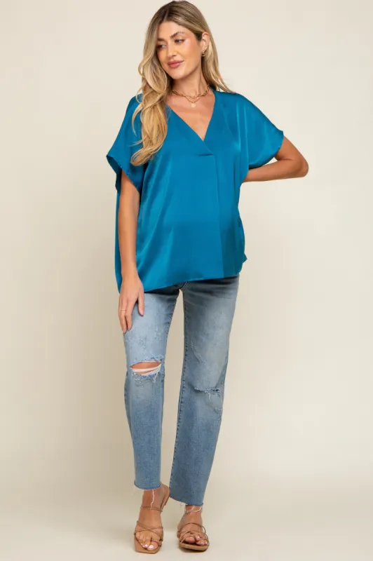 Teal Satin V-Neck Maternity Blouse sold by Pinkblush