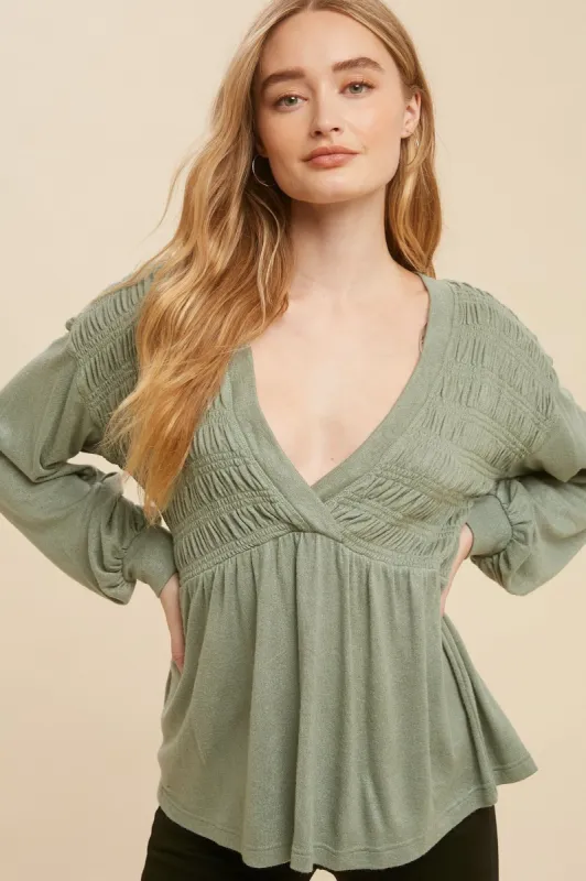 Sage Long Sleeve V Neck Babydoll Blouse sold by Pinkblush