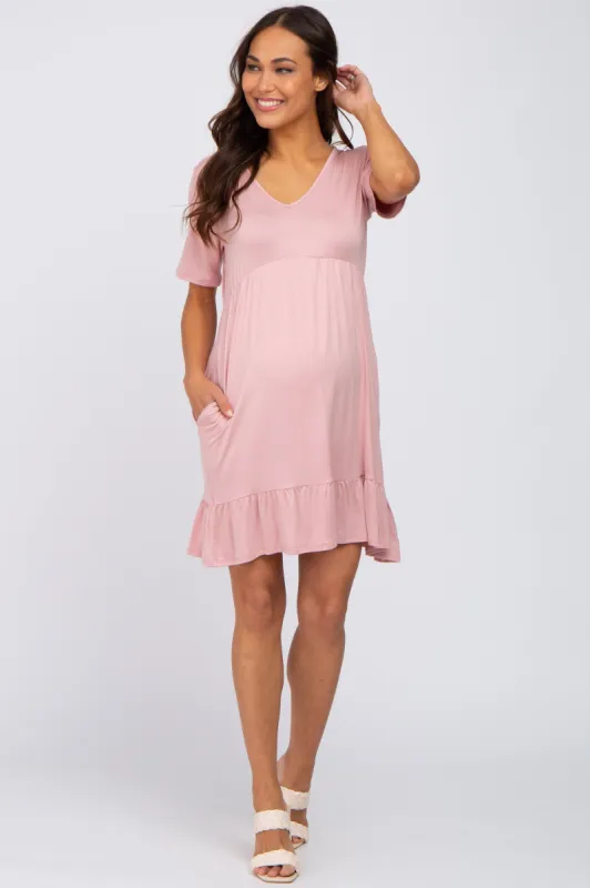 Light Pink V-Neck Ruffle Hem Maternity Dress sold by Pinkblush