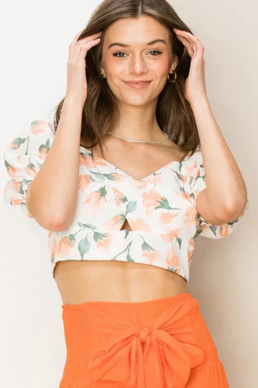 Orange Floral Print Sweetheart Neck Crop Top sold by Pinkblush