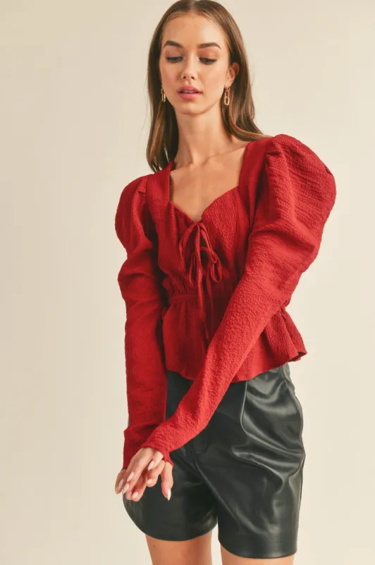 Burgundy Puff Sleeve Peplum Hem Top made by Pinkblush