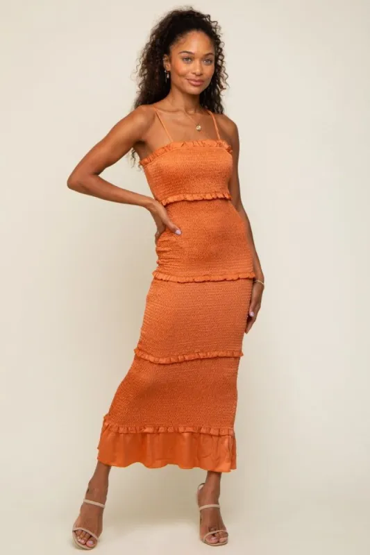 Orange Satin Smocked Fitted Midi Dress sold by Pinkblush