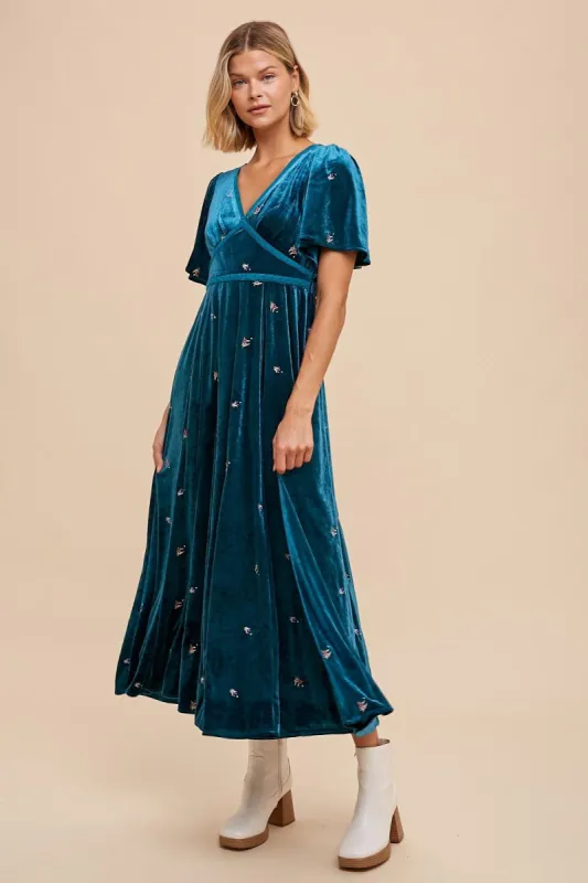 Emerald All Over Floral Embroidered Velvet Maxi Dress sold by Pinkblush