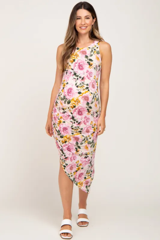 Cream Floral Ruched Asymmetrical Maternity Midi Dress sold by Pinkblush