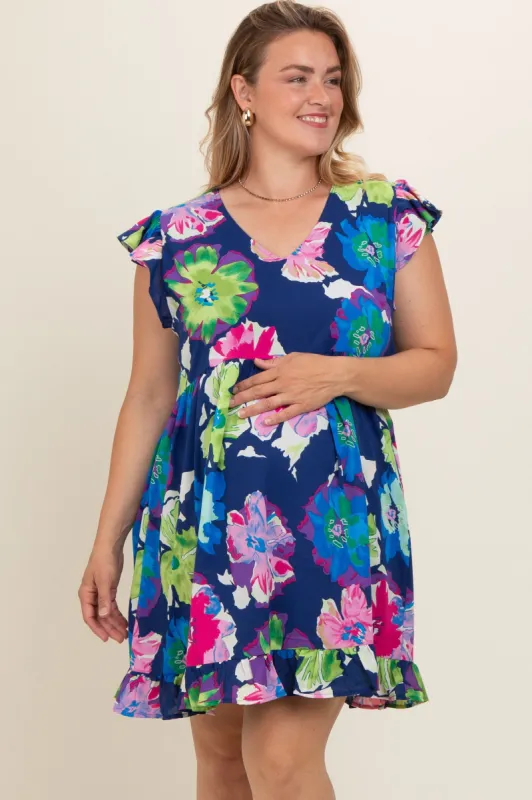 Navy Blue Floral Ruffle Accent Maternity Plus Dress sold by Pinkblush