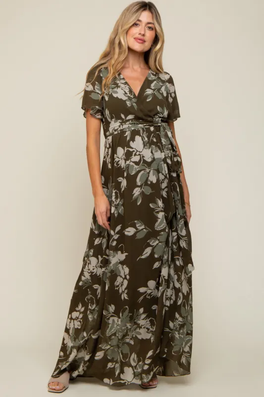 Olive Floral V-Neck Side Slit Maternity Dress sold by Pinkblush
