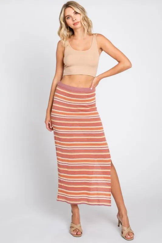 Mauve Striped Knit Side Slit Midi Skirt sold by Pinkblush